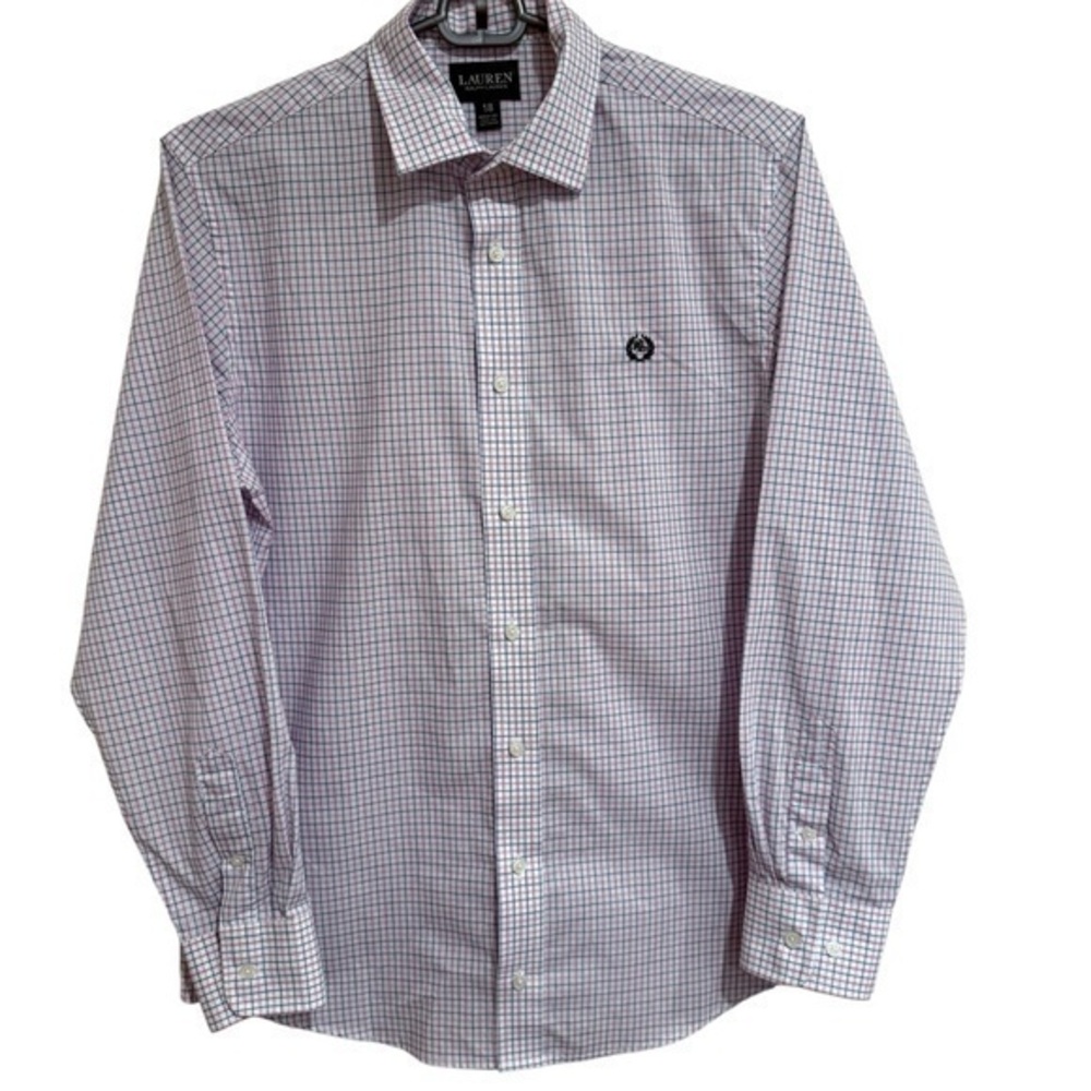 Ralph Lauren Boys Button Up Oxford Shirt White Plaid Crest Logo size 18 Youth
